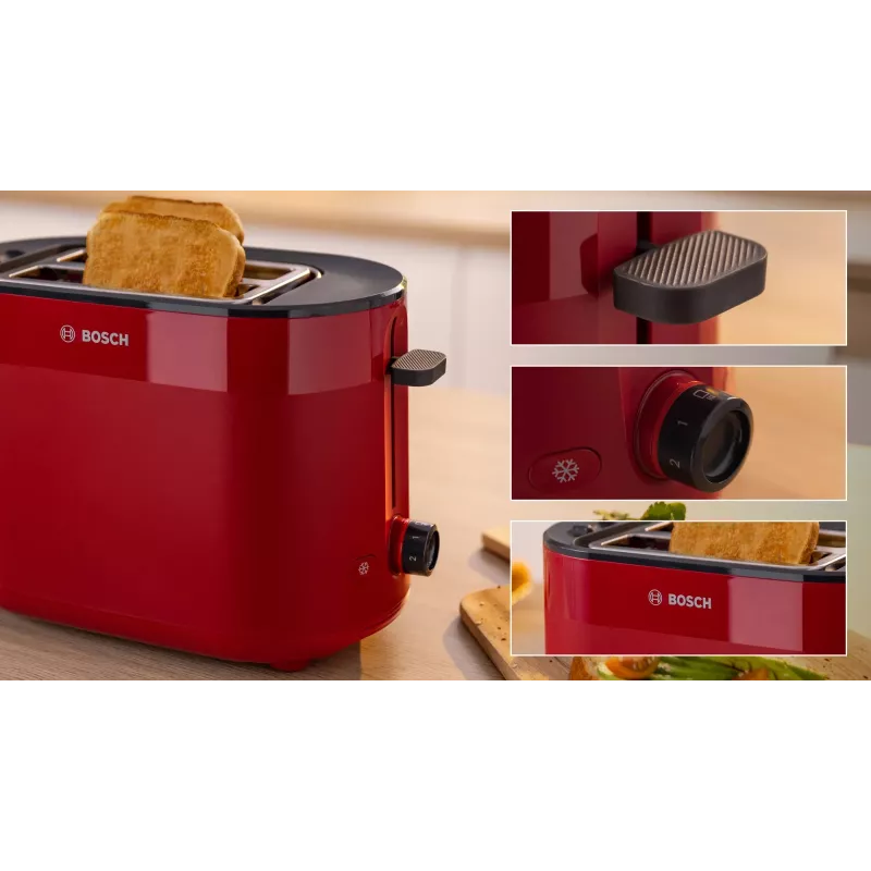 Röster Bosch TAT2M124 — 2 viilu 950 W, punane, saia tsentreerimine, sulatus, tõstuk