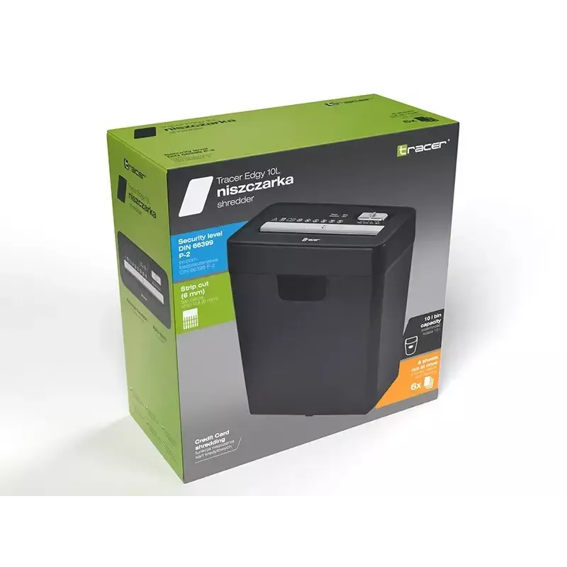 Purustaja TRACER Edge10L ristlõikega, 10-lehe mahutavus, 6 mm lõige, 10 L mahuti, must