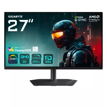 GIGABYTE MO27Q2A 27” OLED 2K QHD mängumonitor - 2560 x 1440, 280Hz, 0.03ms, 250 cd/m², FreeSync Premium Pro, DisplayHDR True Black 400, HDMI 2.1, Displayport 1.4