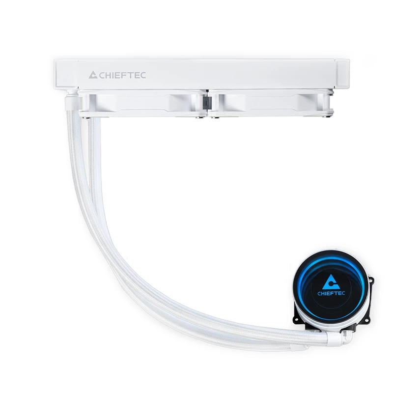 Vedelikjahutus AIO CHIEFTEC ICEBERG 240-RGB-W — 240 mm radiaator, 2 × 120 mm RGB ventilaatorit, valge