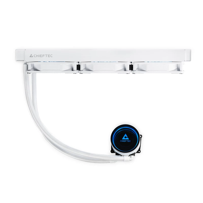 Universaalne vedelikjahuti CHIEFTEC CLC-360-RGB-W — 360 mm radiaator, 3x 120 mm RGB ventilaatorit, valge, 40 cm torud