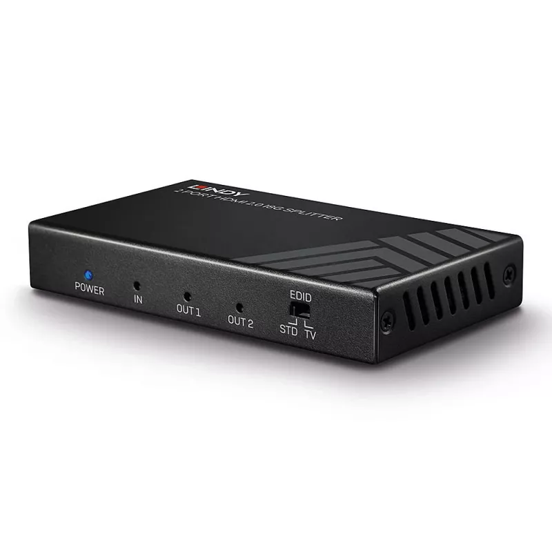 Lindy 2 Port HDMI 2.0 18G Splitter, HDMI, 2x HDMI, 3840 x 2160 pikslit, must, metallist, CE, FCC, RoHS, REACH, California Proposition 65