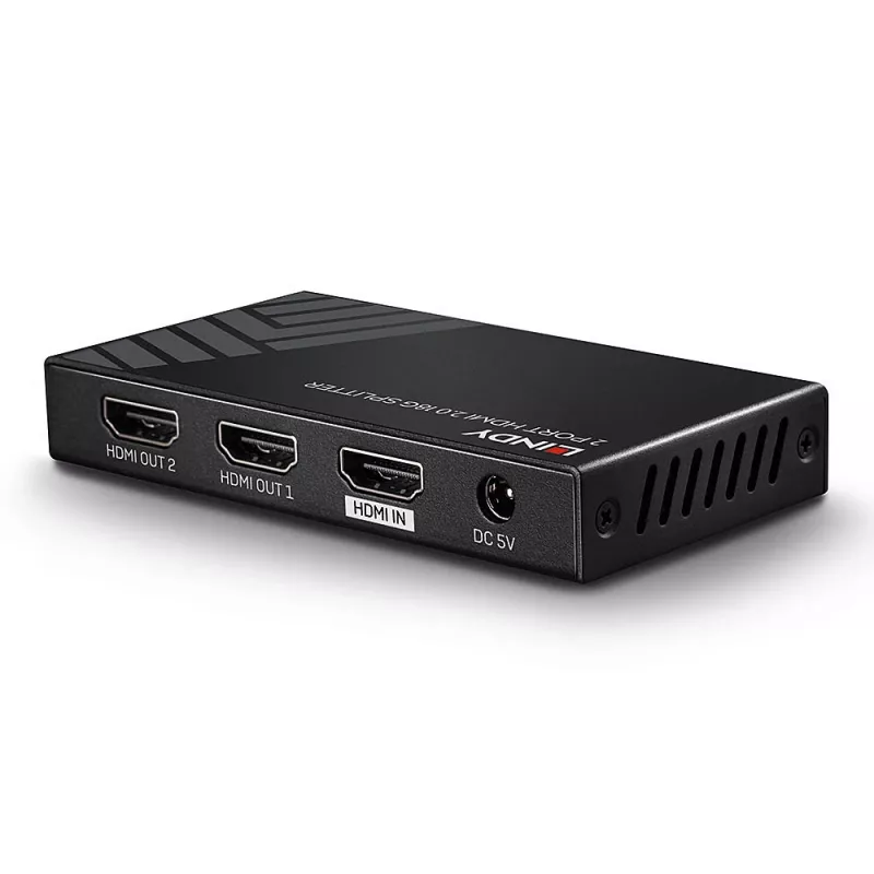Lindy 2 Port HDMI 2.0 18G Splitter, HDMI, 2x HDMI, 3840 x 2160 pikslit, must, metallist, CE, FCC, RoHS, REACH, California Proposition 65