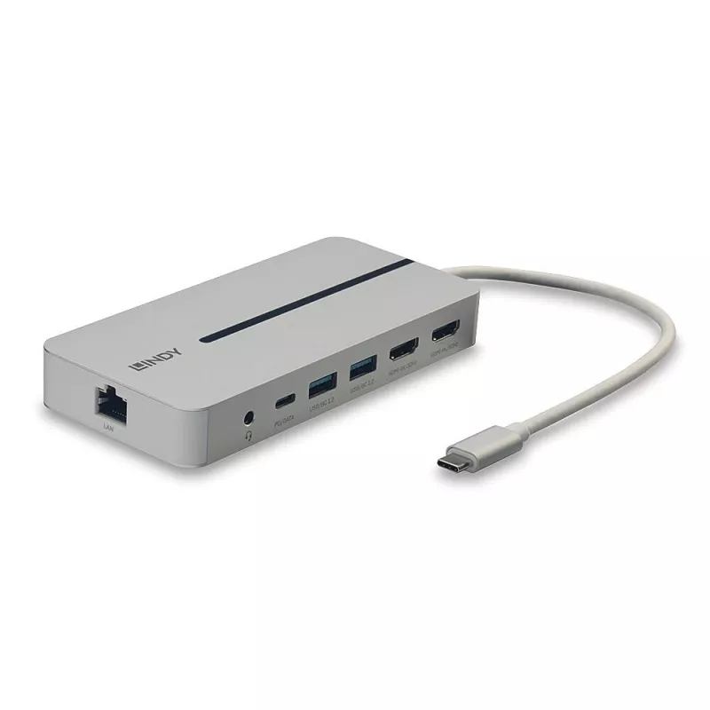Lindy DST-Mx Duo USB-C sülearvuti / MacBook mini dokkimisjaam kahe ekraani (4K) ja 100 W läbiva laadimise toega