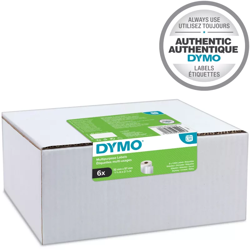 DYMO Authentic LabelWriter mitmeotstarbelised sildid 32 mm x 57 mm 6 rulli, igas 1 000 kergesti eemaldatavat silti (6 000 tk) isekleepuvad LabelWriteri sildimasinatele