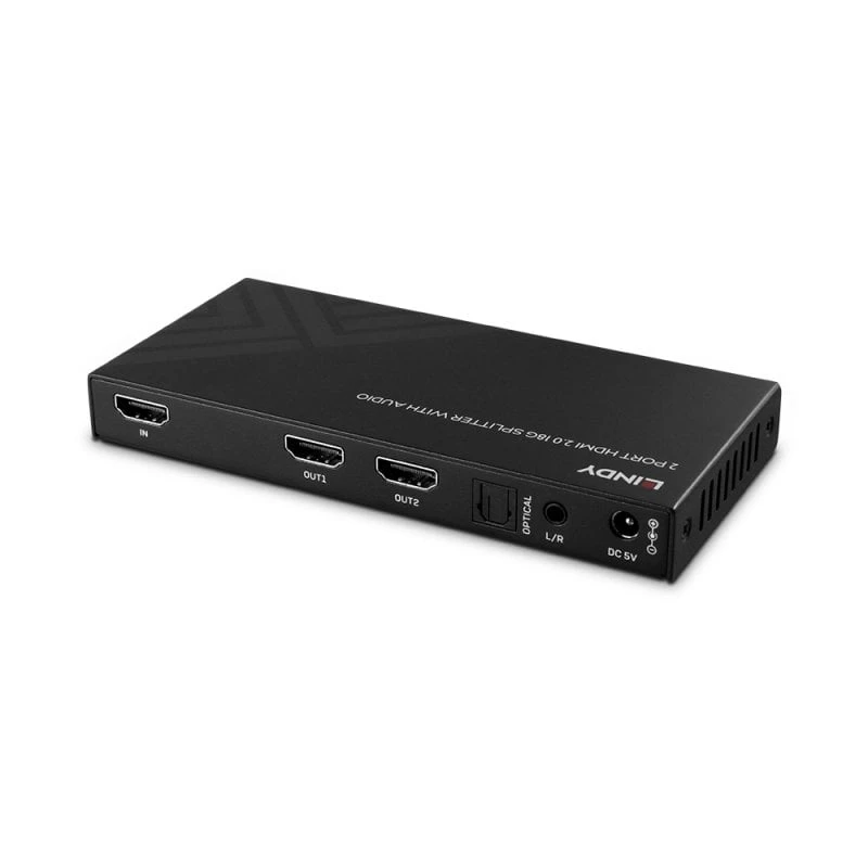 Lindy 2 pordiga HDMI 8K60 jaotur heliga, HDMI, 2x HDMI, 3,5 mm, 7680 x 4320 pikslit, must, metall