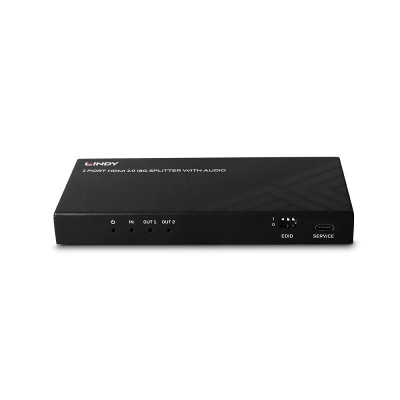 Lindy 2 pordiga HDMI 8K60 jaotur heliga, HDMI, 2x HDMI, 3,5 mm, 7680 x 4320 pikslit, must, metall
