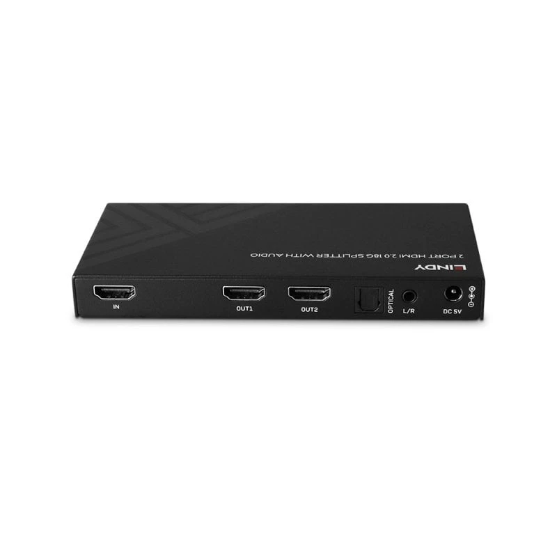 Lindy 2 pordiga HDMI 8K60 jaotur heliga, HDMI, 2x HDMI, 3,5 mm, 7680 x 4320 pikslit, must, metall