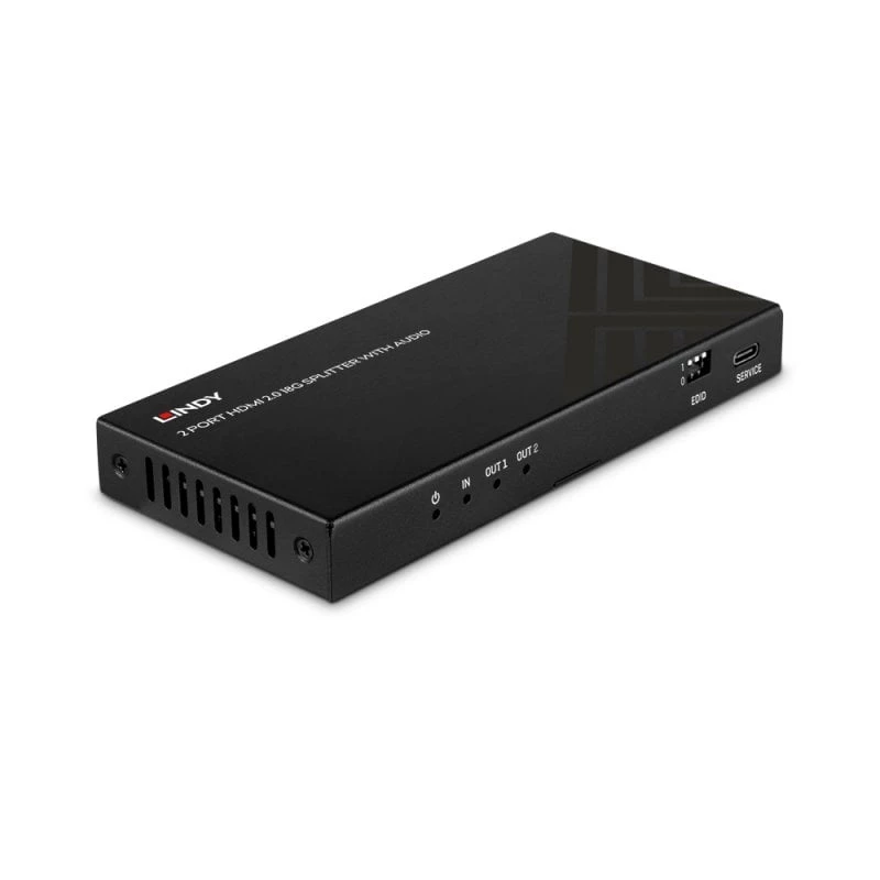 Lindy 2 pordiga HDMI 8K60 jaotur heliga, HDMI, 2x HDMI, 3,5 mm, 7680 x 4320 pikslit, must, metall