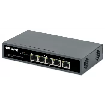 Intellinet 5-Pordi Gigabitne Lüliti PoE Läbivooluga, Üks IEEE 802.3bt (PoE++ / 4PPoE) PD PoE Port 95 W Sisendvõimsusega, Neli PSE PoE Porti, PoE Toite-eelarve kuni 65 W, IEEE 802.3at/af Ühilduv Väljund, Lauaarvuti, Seinale Kinnitatav Valik