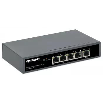 Intellinet 5-Pordi Gigabitne Lüliti PoE Läbivooluga, Üks IEEE 802.3bt (PoE++ / 4PPoE) PD PoE Port 95 W Sisendvõimsusega, Neli PSE PoE Porti, PoE Toite-eelarve kuni 65 W, IEEE 802.3at/af Ühilduv Väljund, Lauaarvuti, Seinale Kinnitatav Valik