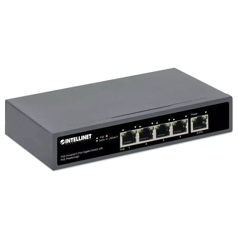 Intellinet 5-Pordi Gigabitne Lüliti PoE Läbivooluga, Üks IEEE 802.3bt (PoE++ / 4PPoE) PD PoE Port 95 W Sisendvõimsusega, Neli PSE PoE Porti, PoE Toite-eelarve kuni 65 W, IEEE 802.3at/af Ühilduv Väljund, Lauaarvuti, Seinale Kinnitatav Valik