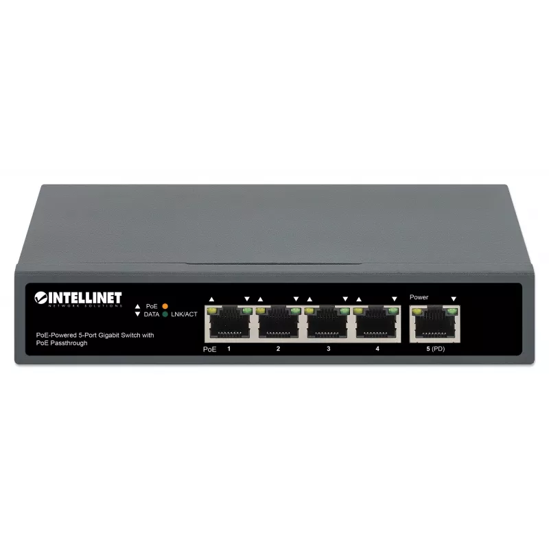 Intellinet 5-Pordi Gigabitne Lüliti PoE Läbivooluga, Üks IEEE 802.3bt (PoE++ / 4PPoE) PD PoE Port 95 W Sisendvõimsusega, Neli PSE PoE Porti, PoE Toite-eelarve kuni 65 W, IEEE 802.3at/af Ühilduv Väljund, Lauaarvuti, Seinale Kinnitatav Valik
