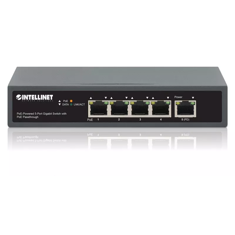 Intellinet 5-Pordi Gigabitne Lüliti PoE Läbivooluga, Üks IEEE 802.3bt (PoE++ / 4PPoE) PD PoE Port 95 W Sisendvõimsusega, Neli PSE PoE Porti, PoE Toite-eelarve kuni 65 W, IEEE 802.3at/af Ühilduv Väljund, Lauaarvuti, Seinale Kinnitatav Valik