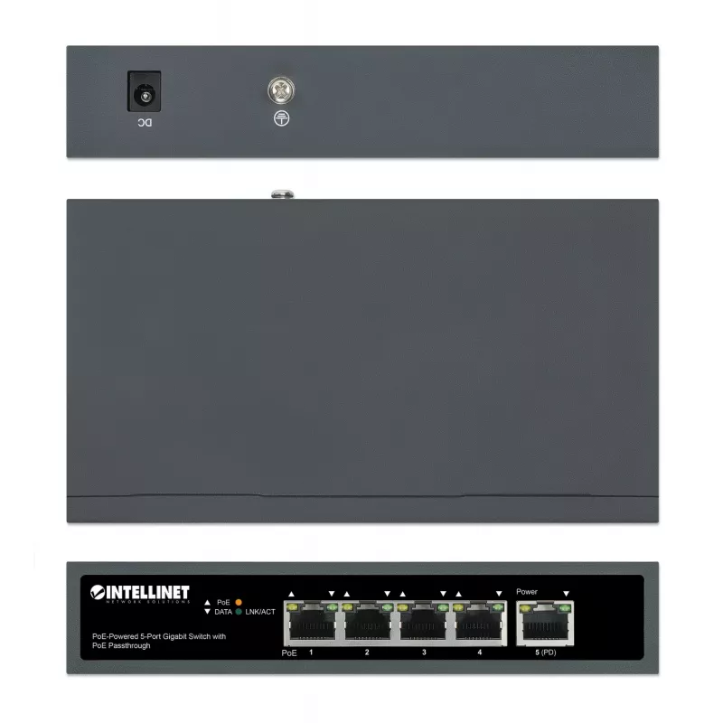 Intellinet 5-Pordi Gigabitne Lüliti PoE Läbivooluga, Üks IEEE 802.3bt (PoE++ / 4PPoE) PD PoE Port 95 W Sisendvõimsusega, Neli PSE PoE Porti, PoE Toite-eelarve kuni 65 W, IEEE 802.3at/af Ühilduv Väljund, Lauaarvuti, Seinale Kinnitatav Valik