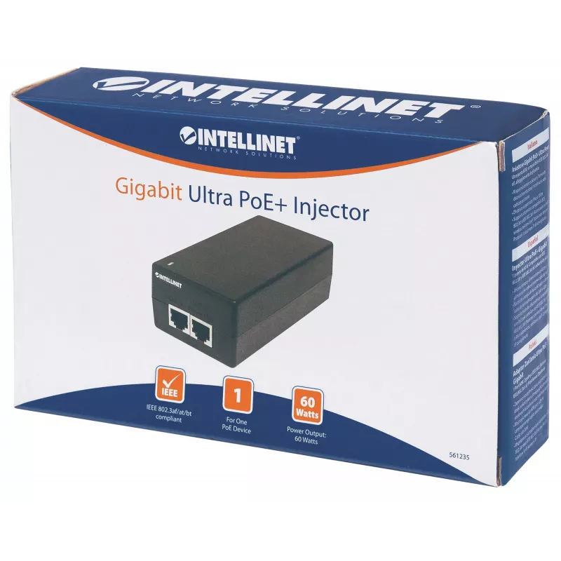 Intellinet Gigabit Ultra PoE+ injektor, 1 x 60 W port, ühildub IEEE 802.3bt ja IEEE 802.3at/af, plastikkorpus