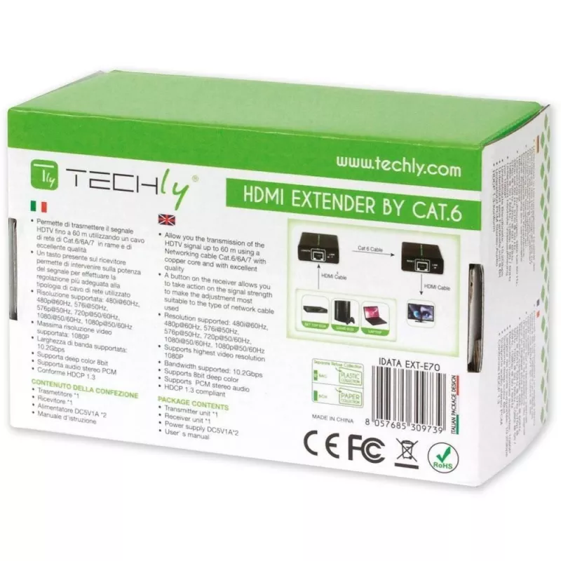 AV saatja ja vastuvõtja TECHLY IDATA EXT-E70 — HDMI pikendaja üle Cat6/6a/7 kaabli, Full HD 1920x1080, 60 m, 10,2 Gbit/s, HDCP, must