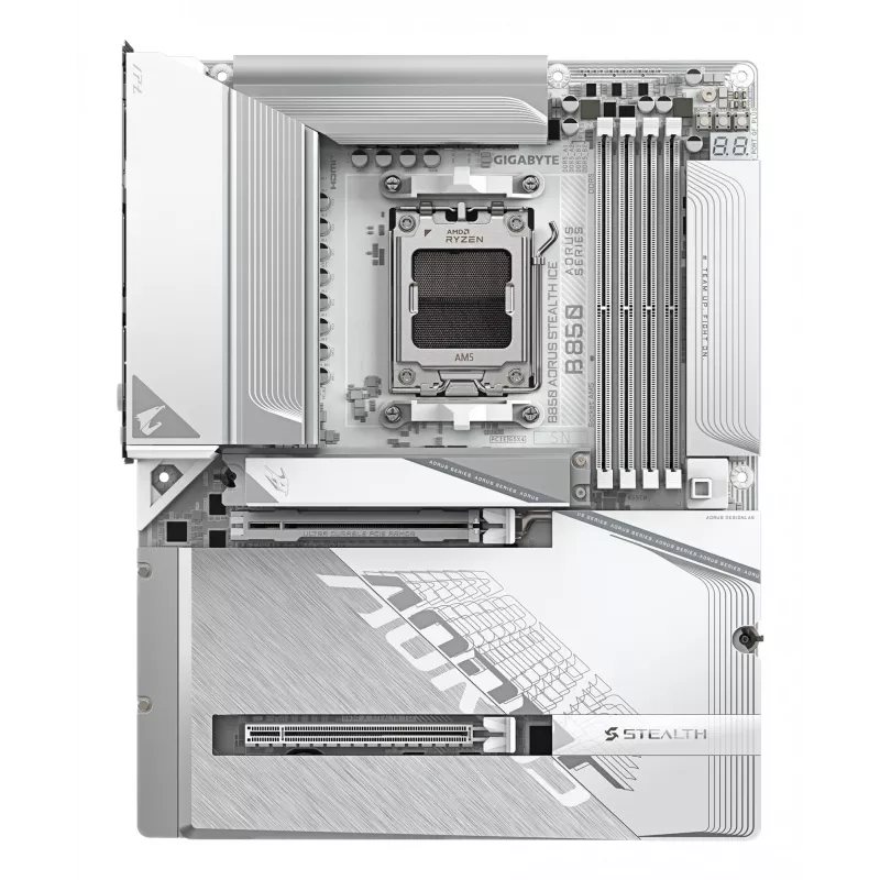 GIGABYTE B850 AORUS STEALTH ICE ATX-emaplaat AMD Socket AM5-le — B850, 14+2+2 VRM, DDR5 kuni 8200MHz (OC), 2×PCIe5, 2×PCIe4 M.2, Wi‑Fi 7, 5GbE