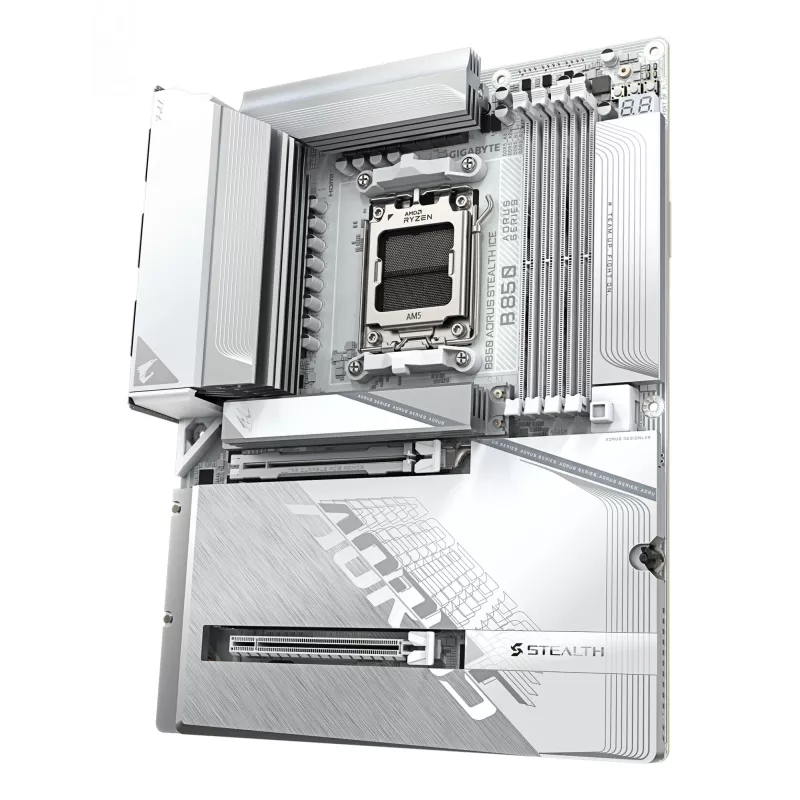 GIGABYTE B850 AORUS STEALTH ICE ATX-emaplaat AMD Socket AM5-le — B850, 14+2+2 VRM, DDR5 kuni 8200MHz (OC), 2×PCIe5, 2×PCIe4 M.2, Wi‑Fi 7, 5GbE