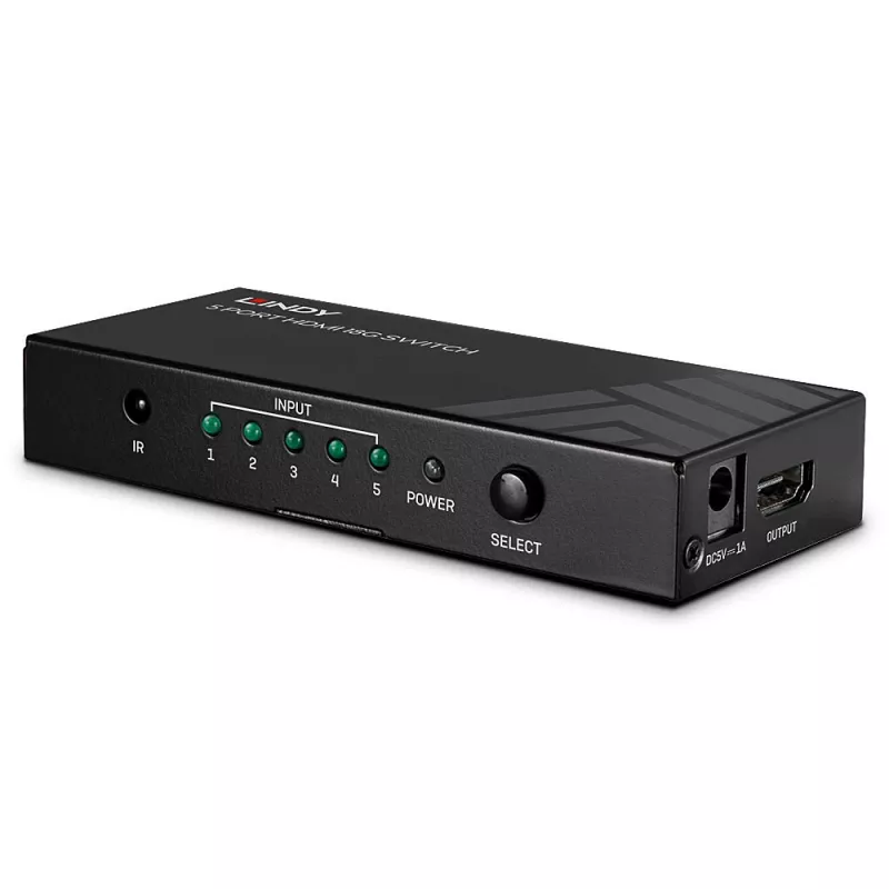 Lindy 5-pordiline HDMI 18G lüliti, HDMI, metall, must, 18 Gbit/s, RF, 4K Ultra HD