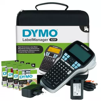 DYMO LabelManager 420P suure jõudlusega laetav kaasaskantav etiketimasina komplekt | ABC-klaviatuur koos 4 D1 etiketirulliga ja kandekotiga
