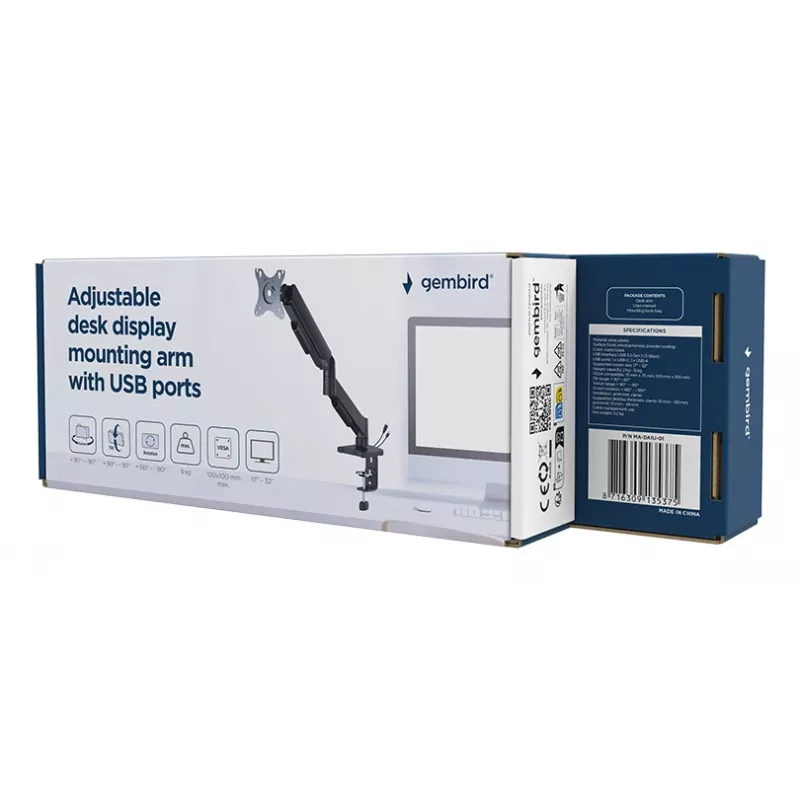 Lauamonitori kinnitus Gembird MA-DA1U-01 kuni 32-tollistele (81,3 cm) ekraanidele, max 9 kg, VESA 75x75–100x100, must
