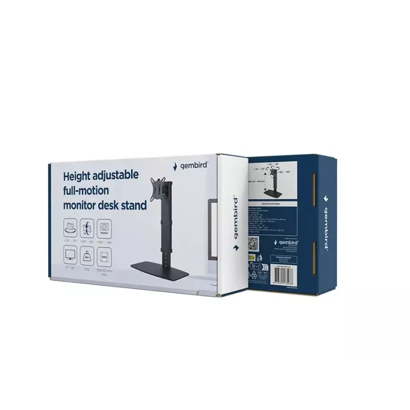 Monitor desk stand GEMBIRD MS-D1ST-02 — height-adjustable full-motion for 17–32 inch screens, max 8 kg, VESA 75x75–100x100, Must