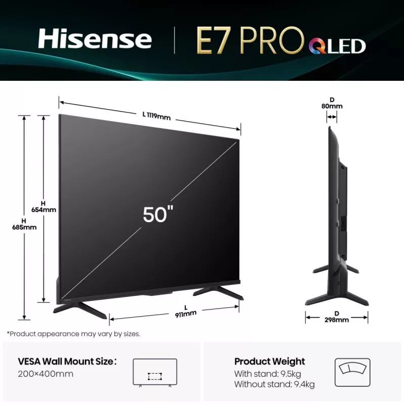 Hisense E7Q PRO 50E7Q PRO 127 cm (50 tolli) 4K Ultra HD Smart TV Wi-Fi Must
