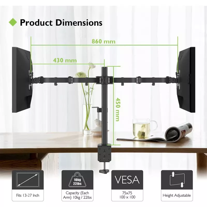 Monitorialus TECHLY ICA-LCD-382-D 2 ekraanile, lauaklamber, kuni 27 tolli, 20 kg, VESA 75x75–100x100, must