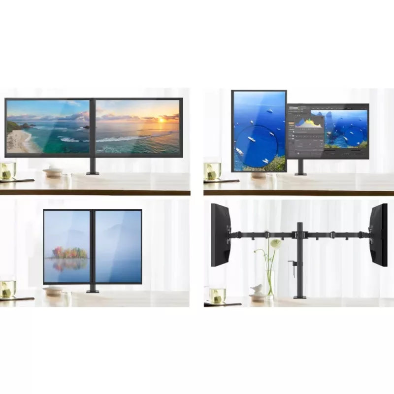 Monitorialus TECHLY ICA-LCD-382-D 2 ekraanile, lauaklamber, kuni 27 tolli, 20 kg, VESA 75x75–100x100, must