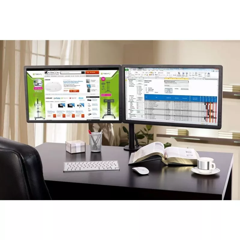 Monitorialus TECHLY ICA-LCD-382-D 2 ekraanile, lauaklamber, kuni 27 tolli, 20 kg, VESA 75x75–100x100, must