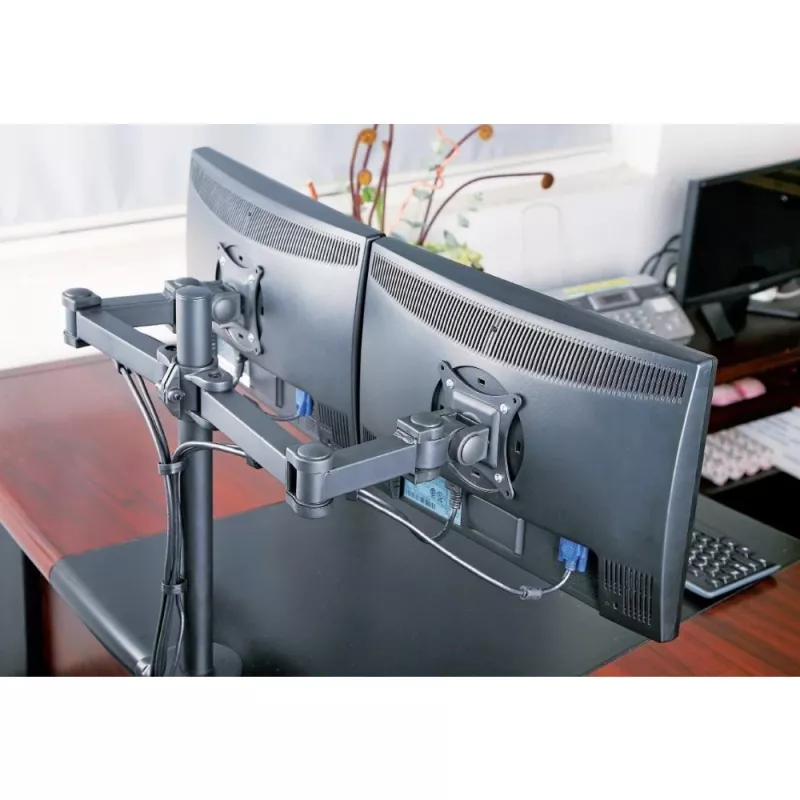 Monitorialus TECHLY ICA-LCD-382-D 2 ekraanile, lauaklamber, kuni 27 tolli, 20 kg, VESA 75x75–100x100, must