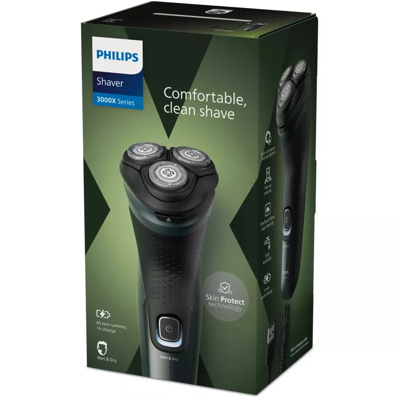 Elektriline pardel Philips 3000X Series X3052/00 — pöörlev 3-peaga, märg ja kuiv, NiMH aku, 45 min tööaeg, trimmer, must/roheline