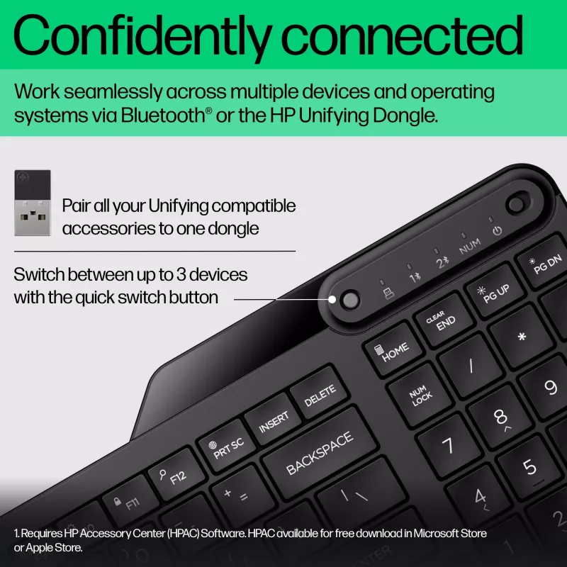Juhtmevaba klaviatuur HP 475 Dual-Mode — täissuuruses QWERTY, RF + Bluetooth 5.3, numbriklahvistik, must, 376×153×19 mm