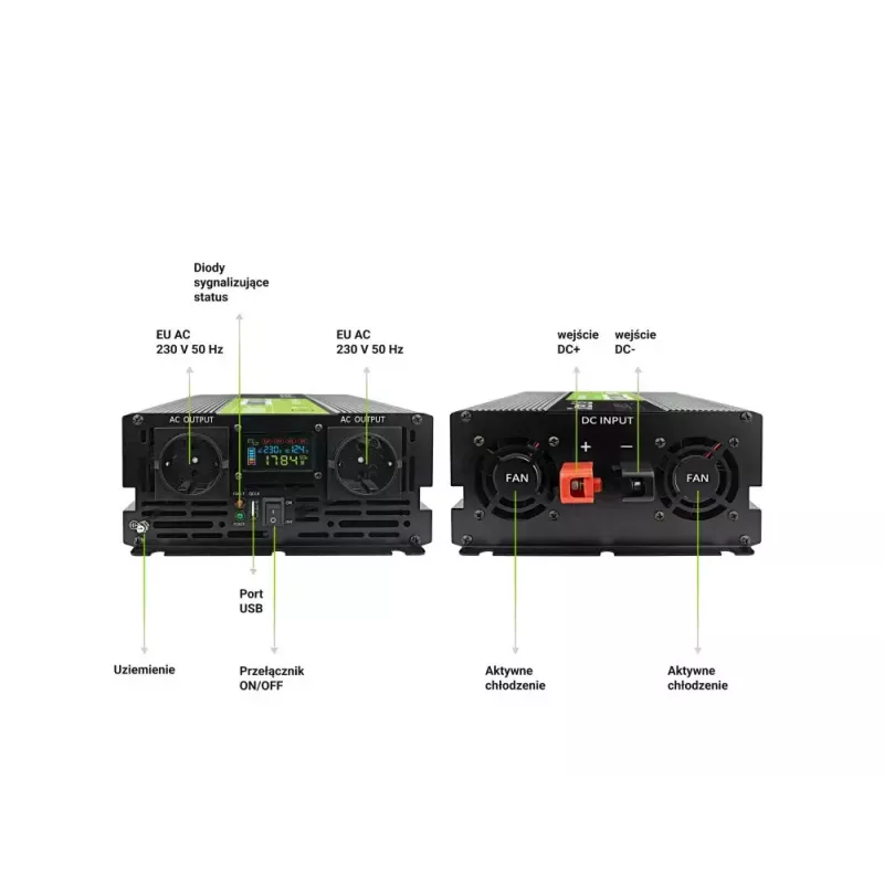 Autoinverter roheline Cell INVGC12P2000LCD 2000W 12V kuni 230V puhas siinuslaine, LCD, 1×USB, 2×aux