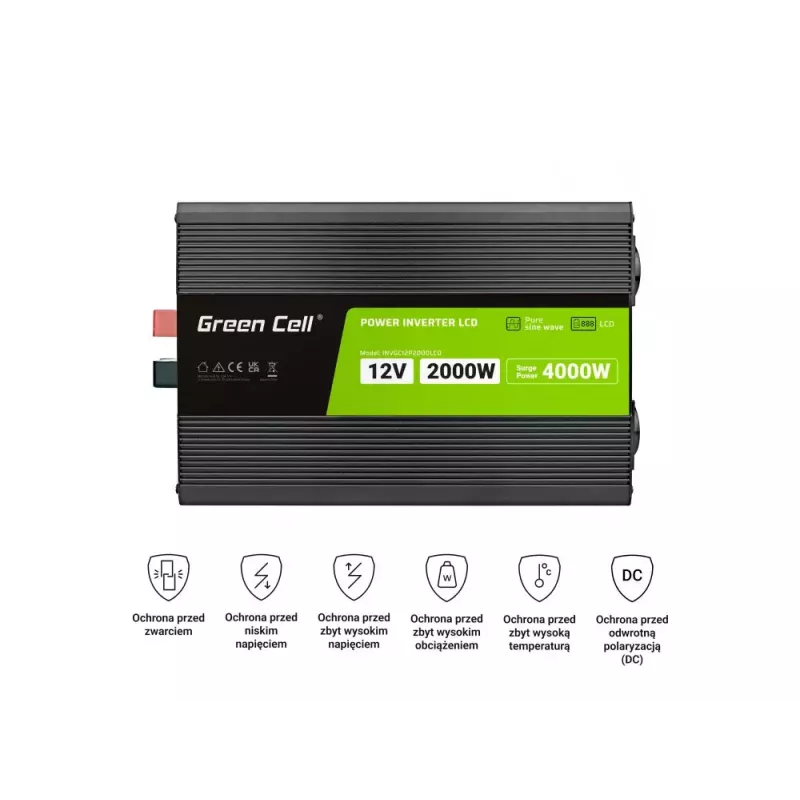 Autoinverter roheline Cell INVGC12P2000LCD 2000W 12V kuni 230V puhas siinuslaine, LCD, 1×USB, 2×aux