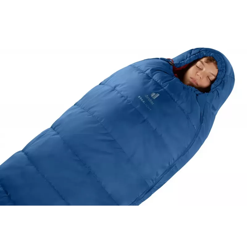 Muumikujuline magamiskott DEUTER Starlight pikkusele 130–170 cm, õõneskiust täidis, suvine, 910 g, kapuutsiga, öösinine/redwood