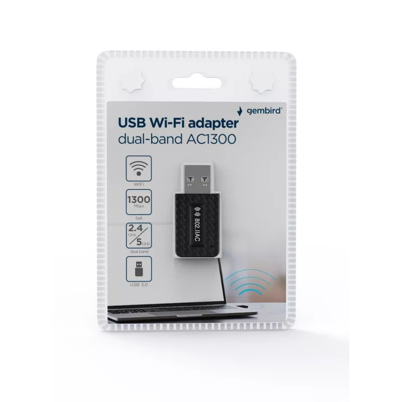 WLAN USB-adapter GEMBIRD AC1300 kahesageduslik Wi‑Fi 5 (RTL8812BU) 867 Mbit/s USB 3.0 sisseehitatud antenn must
