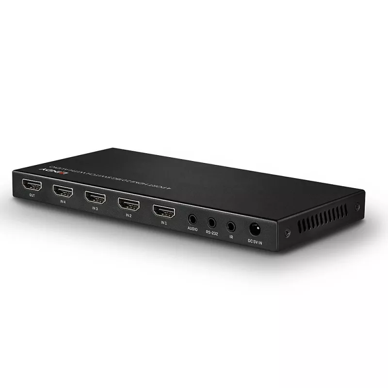 Lindy 4-pordiline HDMI 18G lüliti heliga, HDMI, metallist, must, 18 Gbit/s, 3840 x 2160 pikslit, 5.1 kanalit
