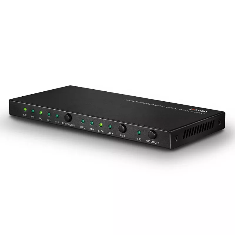 Lindy 4-pordiline HDMI 18G lüliti heliga, HDMI, metallist, must, 18 Gbit/s, 3840 x 2160 pikslit, 5.1 kanalit