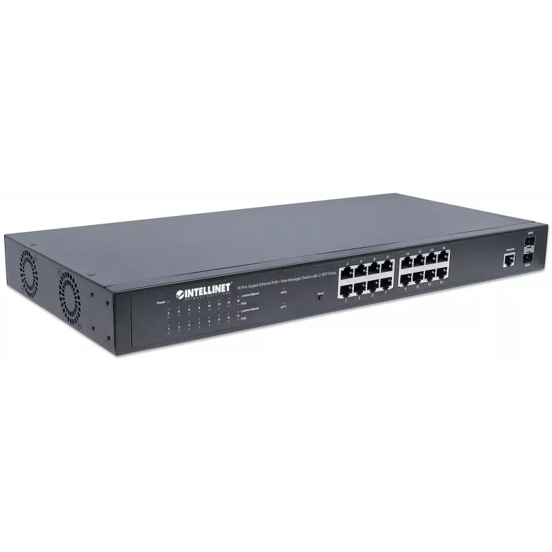 Intellinet 16-port Gigabit Ethernet PoE+ veebihalduslüliti 2 SFP-pordiga, IEEE 802.3at/af Power over Ethernet (PoE+/PoE) ühilduv, 374 W, Endspan, 19-tolline riiulipaigaldus