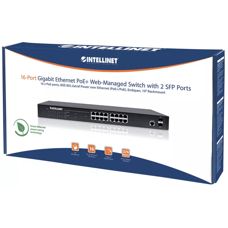 Intellinet 16-port Gigabit Ethernet PoE+ veebihalduslüliti 2 SFP-pordiga, IEEE 802.3at/af Power over Ethernet (PoE+/PoE) ühilduv, 374 W, Endspan, 19-tolline riiulipaigaldus