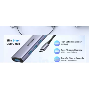 UGREEN laptop dock 15596 USB 3.2 Gen 1 Type-A + USB-C, 3× USB-A, 1× USB-C PD 100W, 1× HDMI 2.0, alumiinium
