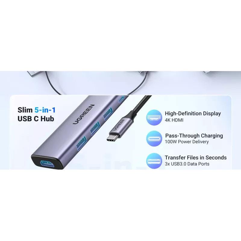 UGREEN laptop dock 15596 USB 3.2 Gen 1 Type-A + USB-C, 3× USB-A, 1× USB-C PD 100W, 1× HDMI 2.0, alumiinium