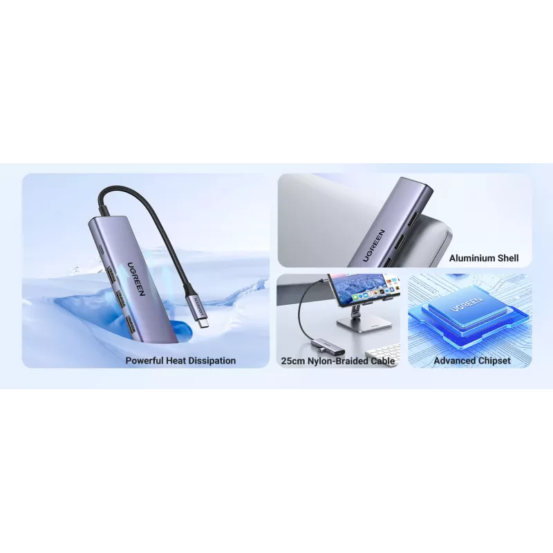UGREEN laptop dock 15596 USB 3.2 Gen 1 Type-A + USB-C, 3× USB-A, 1× USB-C PD 100W, 1× HDMI 2.0, alumiinium