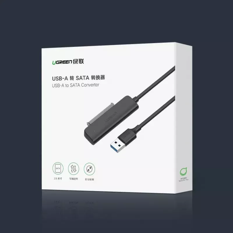 Väline 2,5-tolline SATA III USB 3.0 korpus UGREEN 70609 2,5-tollistele SATA SSD/HDD-le, USB-A kuni SATA, 5 Gbit/s, must