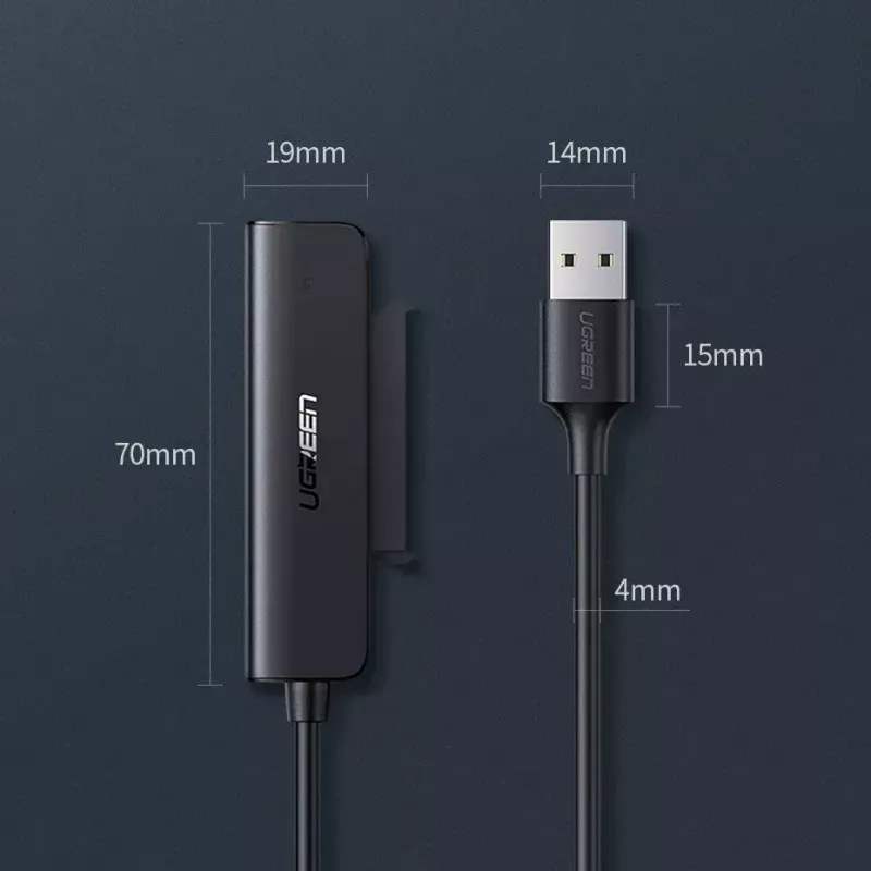 Väline 2,5-tolline SATA III USB 3.0 korpus UGREEN 70609 2,5-tollistele SATA SSD/HDD-le, USB-A kuni SATA, 5 Gbit/s, must