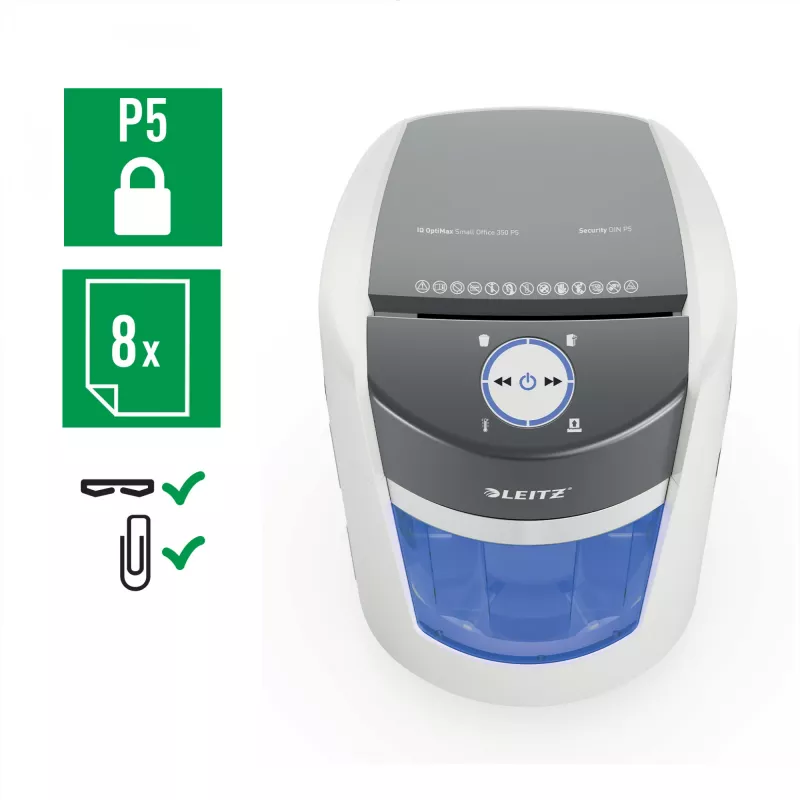 Leitz IQ OptiMax Small Office 350 Micro Cut paberipurustaja turvatase P5 22L - valge
