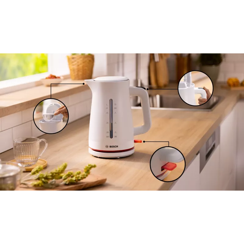 Elektriline veekeetja Bosch TWK3M121 — 1,7 L, 2400 W, valge, plastkorpus