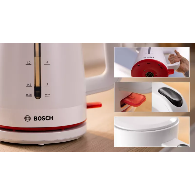 Elektriline veekeetja Bosch TWK3M121 — 1,7 L, 2400 W, valge, plastkorpus